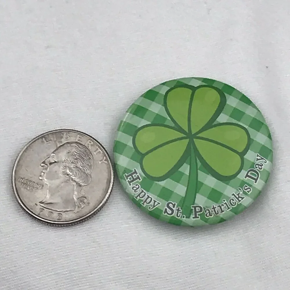 Happy St Patricks Day Pin Button Green White Plaid Shamrock Clover VTG Festive